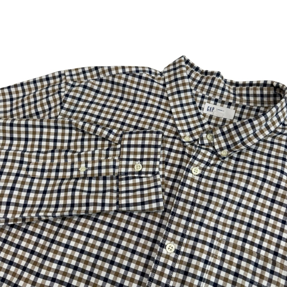 Gap Oxford Shirt Mens XXL Brown Navy Plaid Standard Fit Cotton Preppy